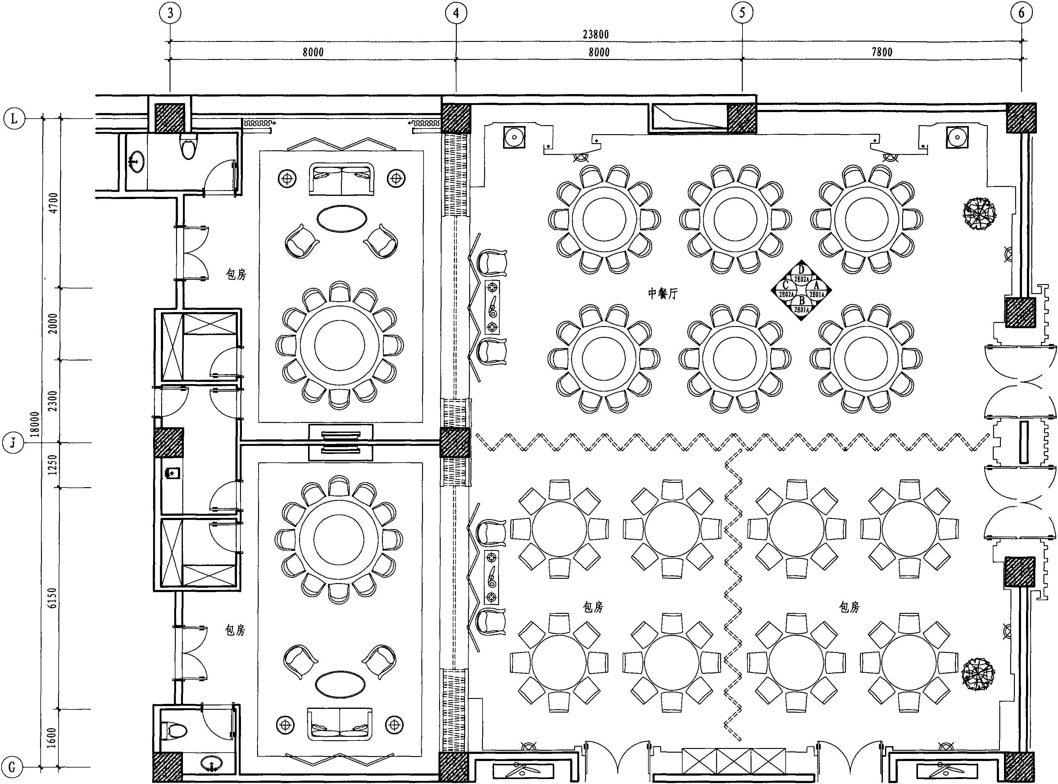 二层中餐厅平面布置图 1:100